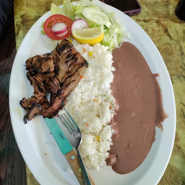 Grilled steak, white rice, refried beans, and a side salad with lemon on a white plate.