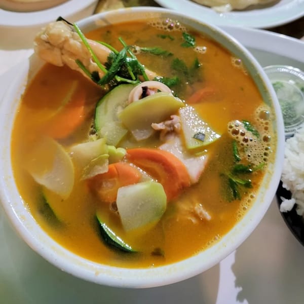 Close-up of a vibrant Salvadoran soup with chicken, carrots, zucchini, and cilantro in a white bowl.