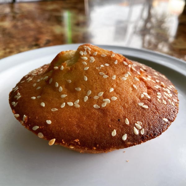 A golden-brown Salvadoran quesadilla, a sweet cheese pound cake, topped with sesame seeds on a white plate.